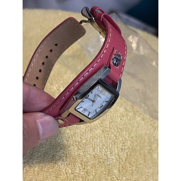 Fossil Women Watch Stainless Steel Pink Wide Leather Nylon Date White (Needs Bat - Picture 9 of 10